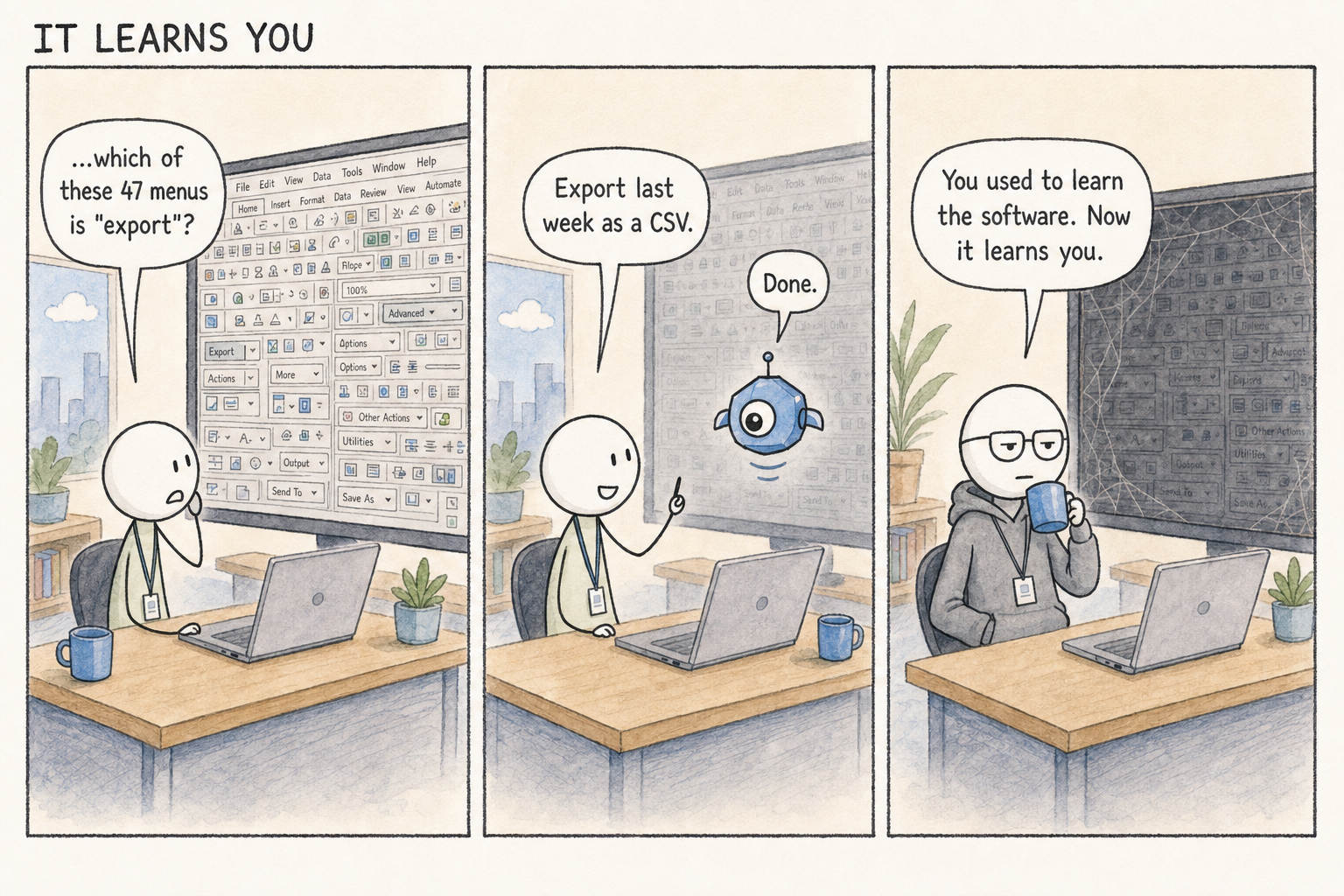 Three panels titled "It Learns You." Panel one, the Intern is dwarfed by a giant screen crammed with dozens of menus, tabs, and tiny toolbar icons, asking, "...which of these 47 menus is 'export'?" Panel two, the Intern turns away from the greyed-out menus and just says to Agie, "Export last week as a CSV," and Agie replies, "Done." Panel three, the cluttered menu screen sits dark and dusty in the background while Dev sips a mug, deadpan, and says, "You used to learn the software. Now it learns you."