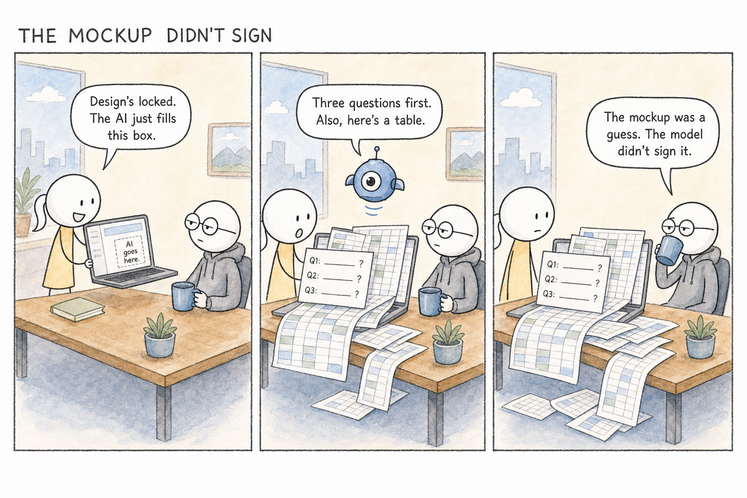 Three panels titled "The Mockup Didn't Sign." Panel one, the PM holds a laptop showing a tidy app mockup with a small box labeled "AI goes here" and says, "Design's locked. The AI just fills this box," while Dev sits nearby with a mug. Panel two, the AI agent Agie, a floating blue ball with one eye, hovers as a giant spreadsheet and a three-question popup burst out of the little box and spill off the laptop; Agie says, "Three questions first. Also, here's a table," and the PM stares open-mouthed. Panel three, Dev sips coffee and says, "The mockup was a guess. The model didn't sign it."