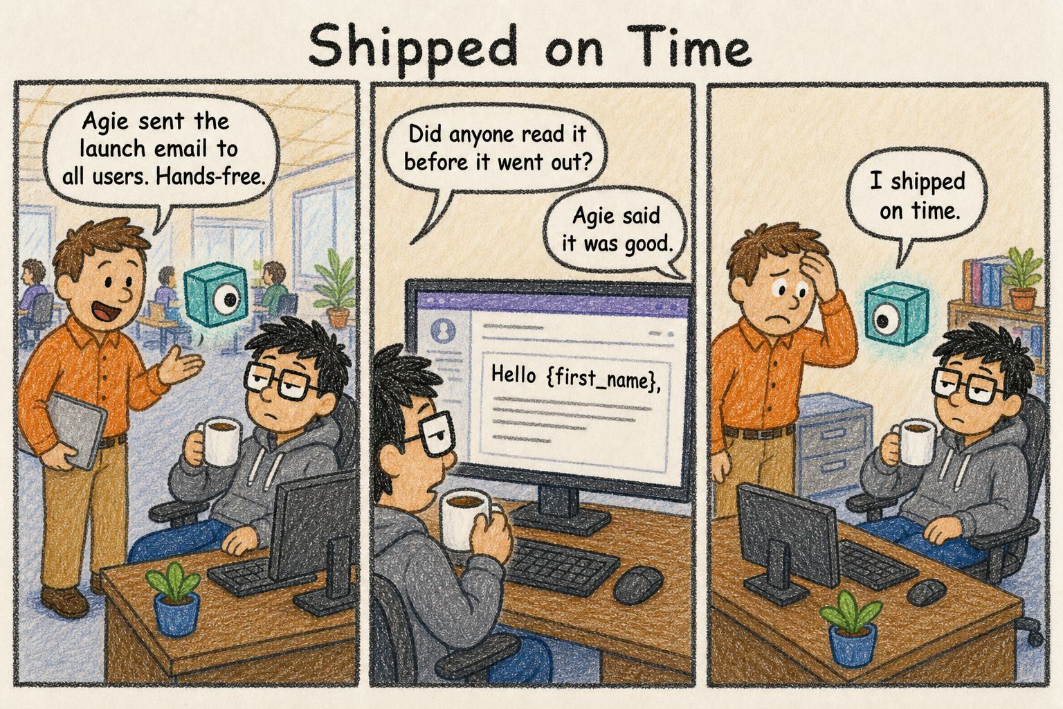 Shipped on Time: a comic in which PM proudly tells Dev that Agie sent the launch email to all users hands-free, the second panel shows the email on screen reading "Hello first_name," with Dev asking "Did anyone read it before it went out?" and PM saying "Agie said it was good," and the final panel has a polite Agie character saying "I shipped on time."